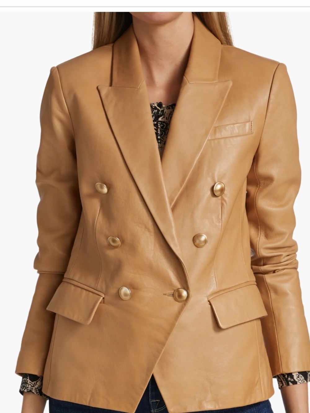 L'AGENCE Double-Breasted Kenzie 100% Lambskin Blazer. Color-Camel . Size 6.